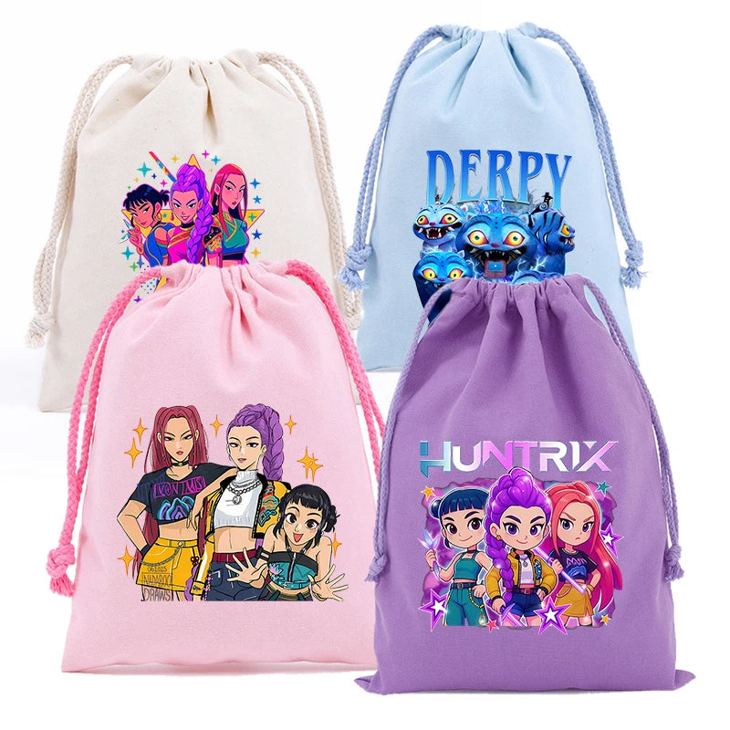 KPop Demon Hunters Storage Drawstring Bag Music Cartoon Party Cookies Candy Package Kids Gift Bags Print Cotton Key Pouch