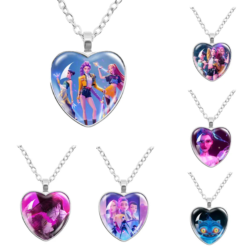 Kpop Demon Hunters Necklace Movie Anime Glass Heart Pendant Women Charms Accessories Creative Cosplay Girl Birthday Gift Jewelry