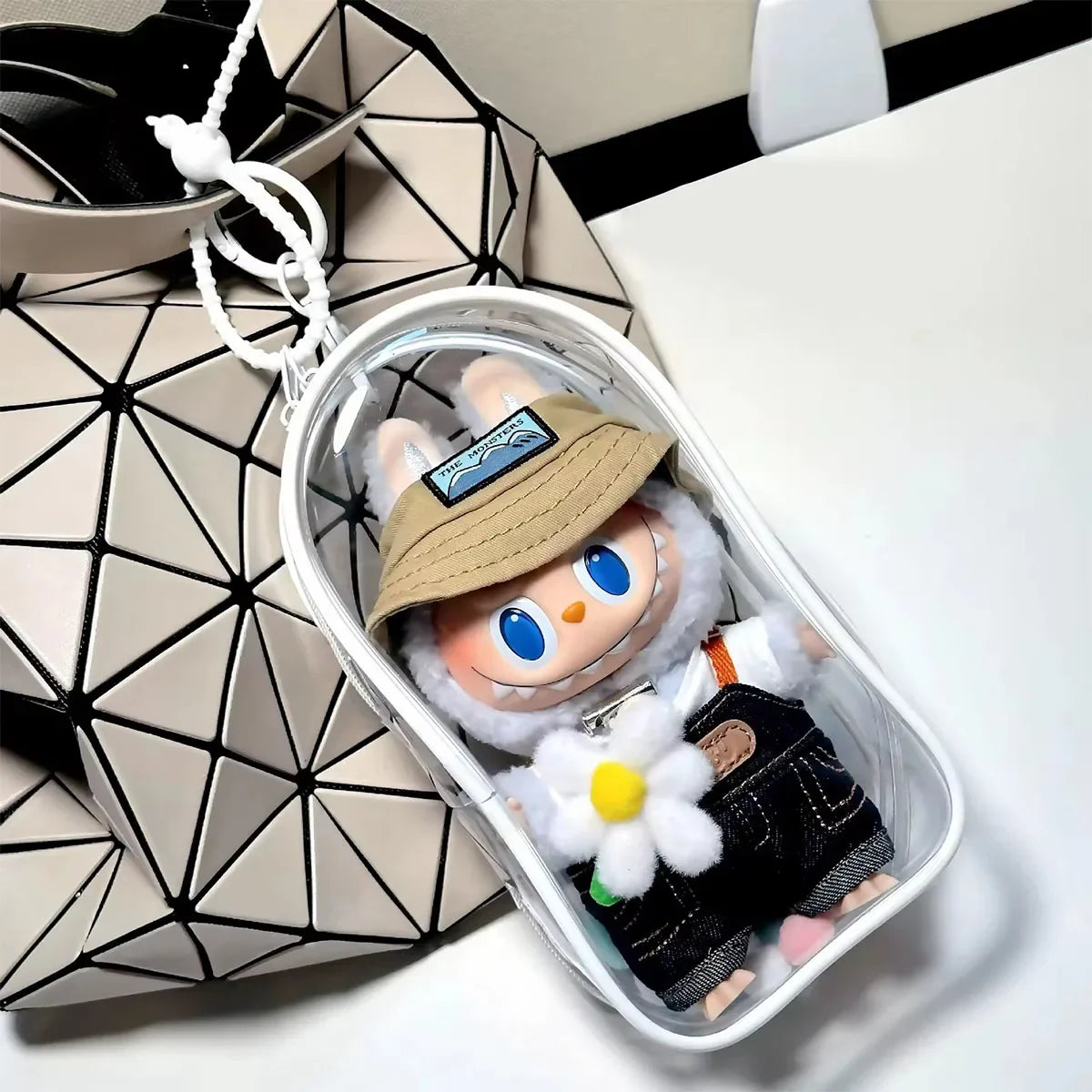 For Labubu V2 Transparent Colorful Protector Case Doll Accessories Organizer Box Plush Doll Display Bag Outdoor with Keychain