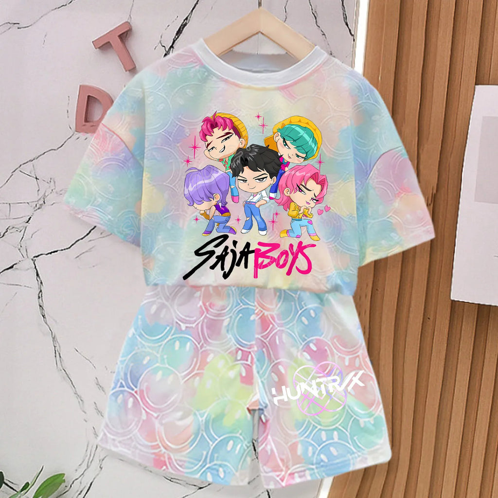 KPop Demon Hunters New T-shirt Pants Set Girls Summer Clothing Kawaii Smile Face Short Sleeve Outfits Kids Tee Top Pajamas Gift