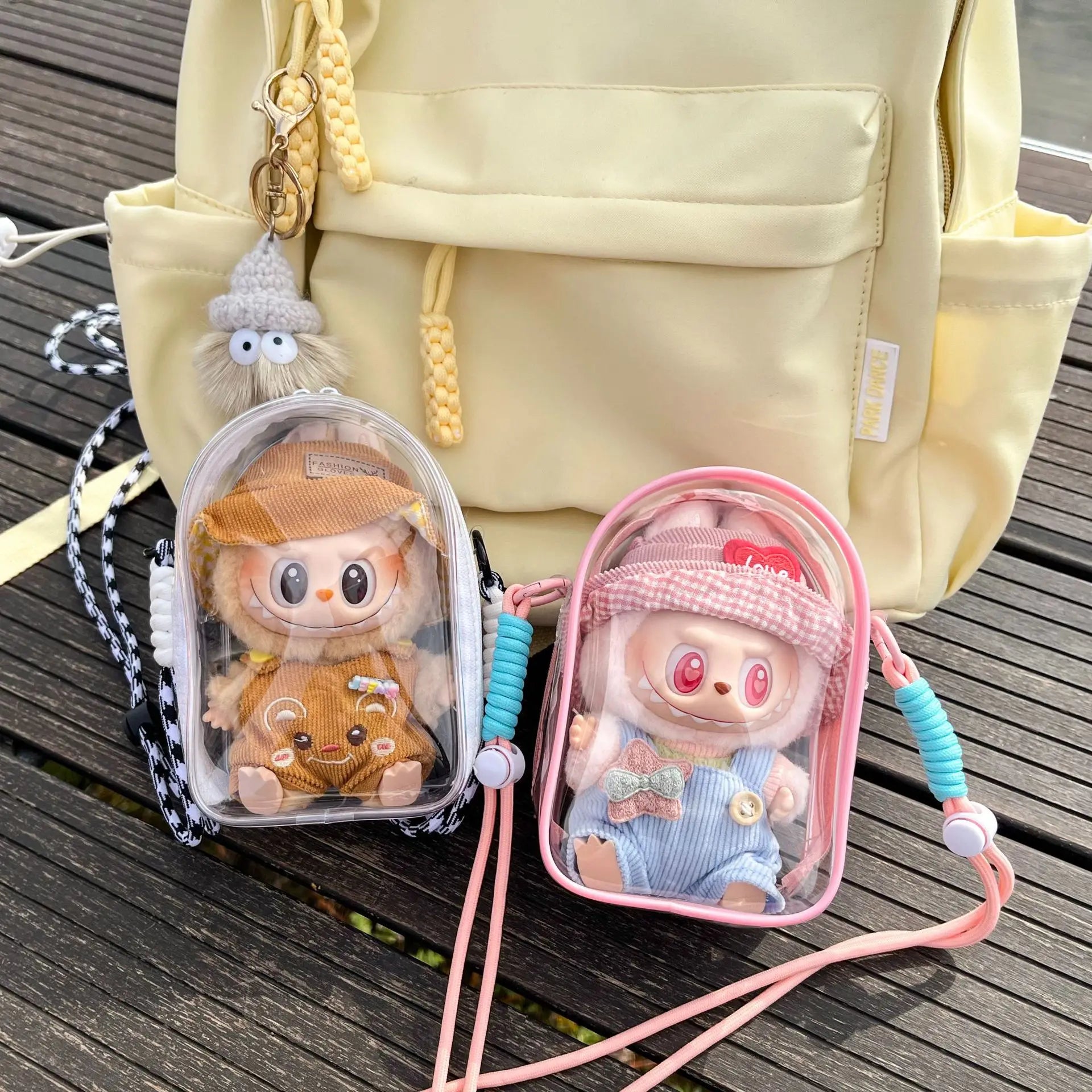 Doll Protect Case For Labubu Sitting Party 15cm Plush Cotton Doll Shoulder Pain Bag With Rope PVC Storage Bag Walk Bag Dustproof