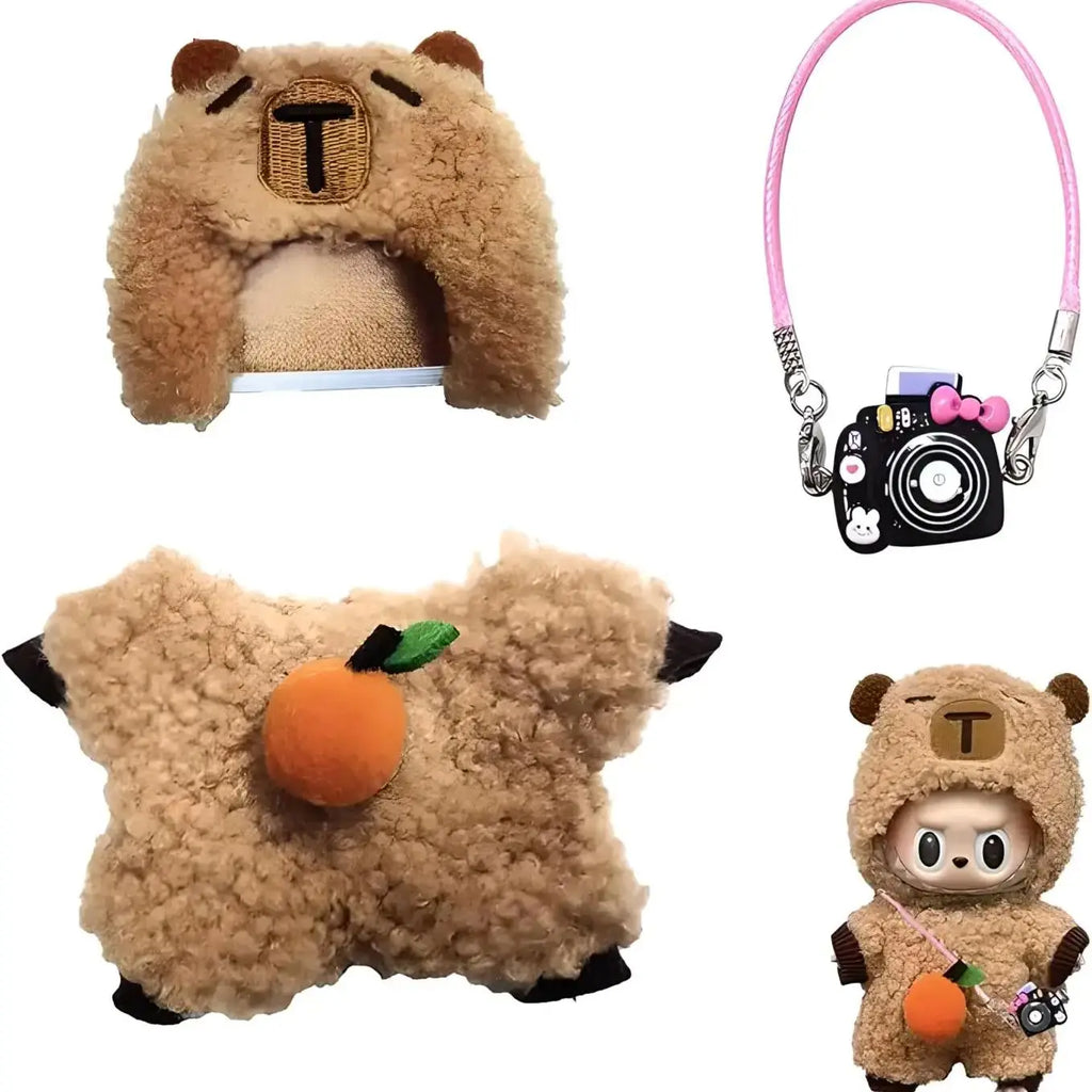 Doll Clothes For 17CM Labubu Capibara Set Jumpsuit Kawaii Headwear Camera 3PCS/Pack Plush Cotton Doll Dress Up Game Decoration