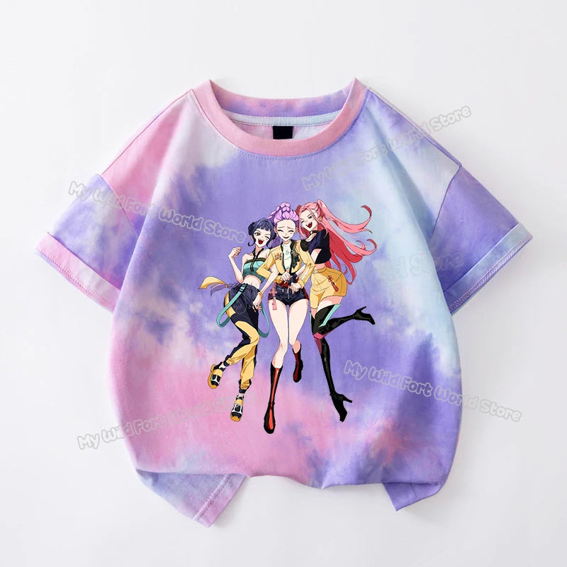 KPop Demon Hunters Tie-dye T-shirt for Girl Short Sleeve Tops Rumi Mira Zoey Print Tee Shirts Cute Summer Children's Clothing