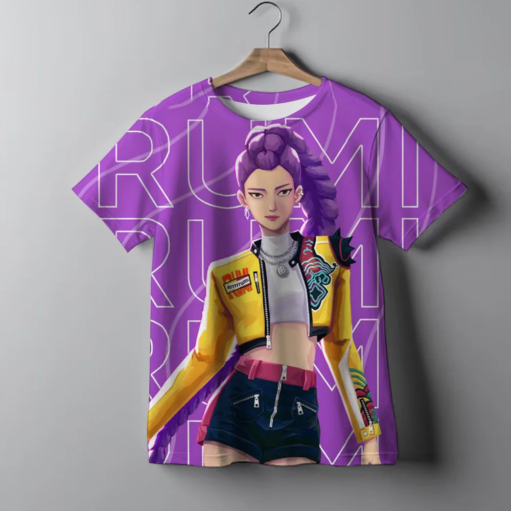 KPop Demon Hunters Tie-dye T-shirt for Girl Short Sleeve Tops Rumi Mira Zoey Print Tee Shirts Cute Summer Children's Clothing