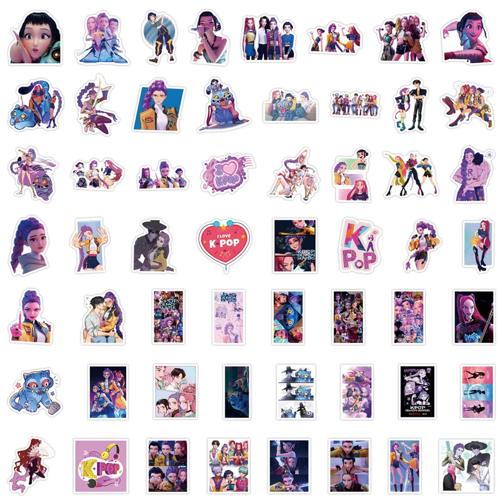 55PCS Funny KPOP Demon Hunters Cartoon Stickers Animation Movie Decals DIY Kids Toys Laptop Guitar Car Bike Graffiti Decoration
