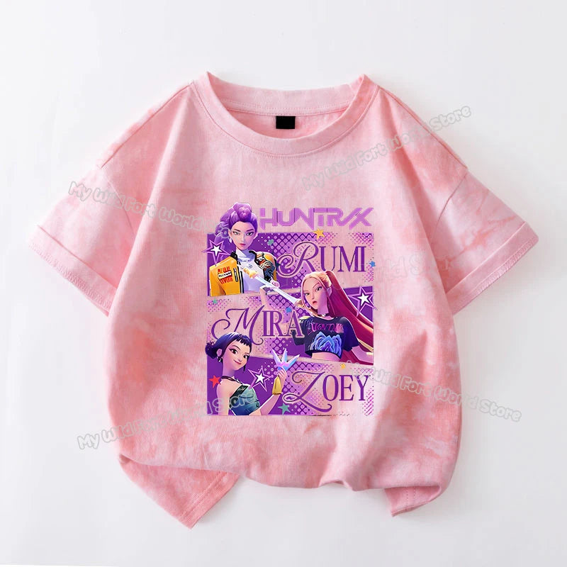 KPop Demon Hunters Tie-dye T-shirt for Girl Short Sleeve Tops Rumi Mira Zoey Print Tee Shirts Cute Summer Children's Clothing