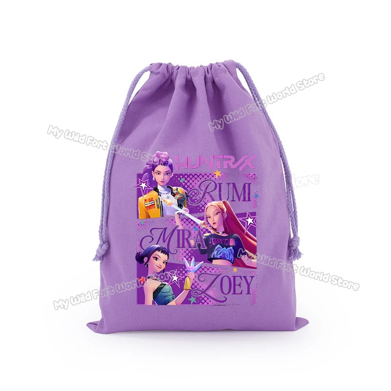 KPop Demon Hunters Storage Drawstring Bag Music Cartoon Party Cookies Candy Package Kids Gift Bags Print Cotton Key Pouch