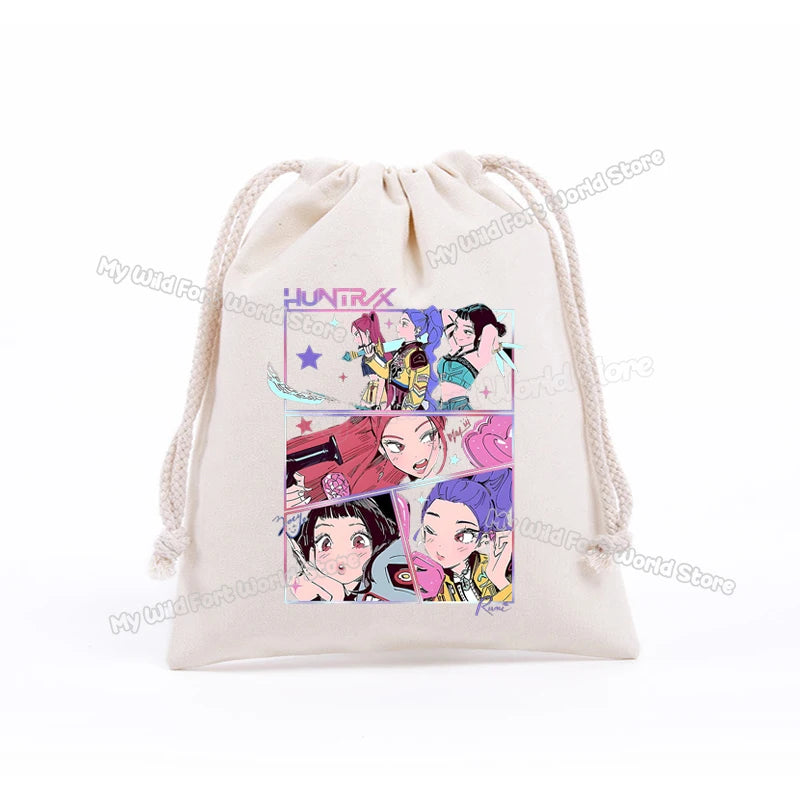 KPop Demon Hunters Storage Drawstring Bag Music Cartoon Party Cookies Candy Package Kids Gift Bags Print Cotton Key Pouch