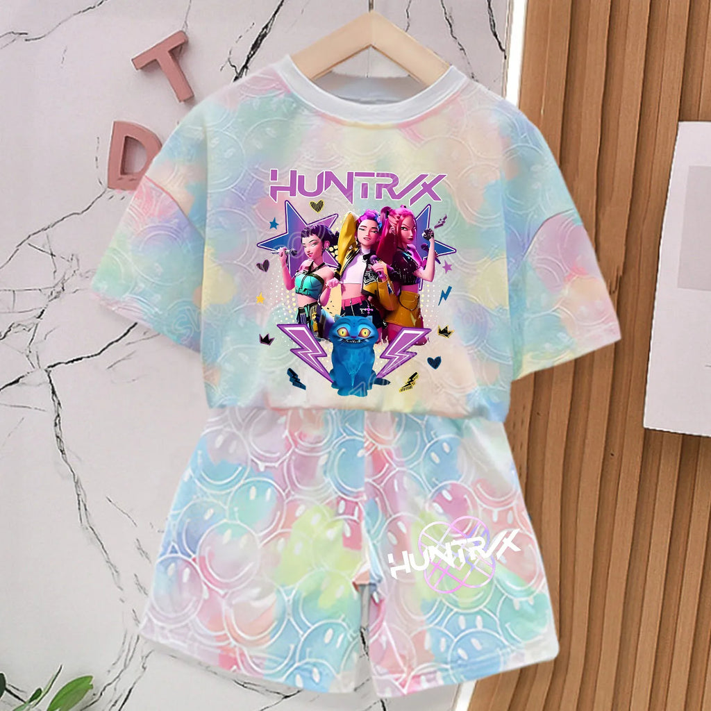 KPop Demon Hunters New T-shirt Pants Set Girls Summer Clothing Kawaii Smile Face Short Sleeve Outfits Kids Tee Top Pajamas Gift