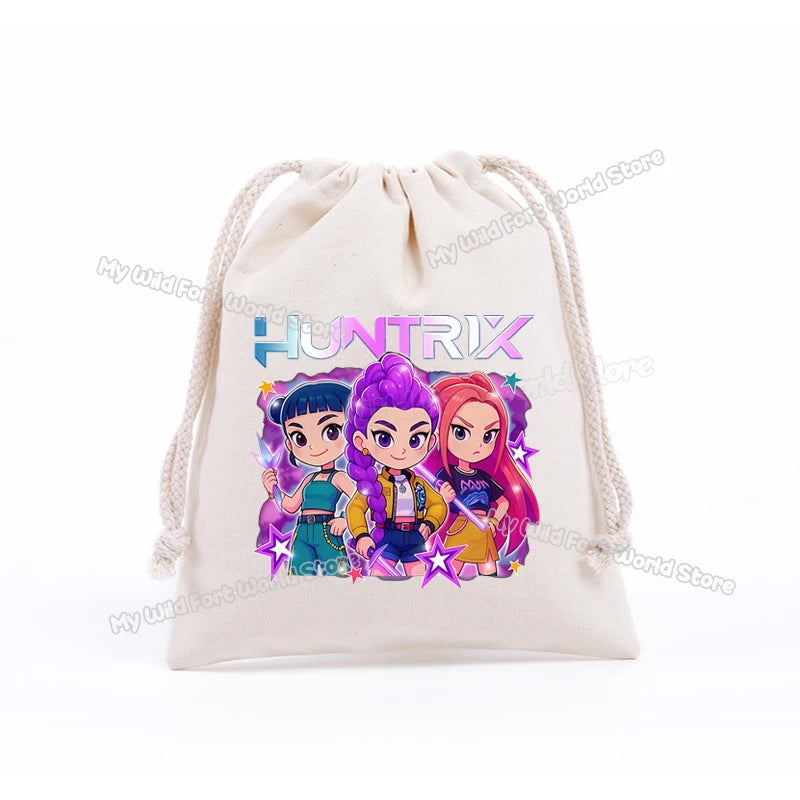 KPop Demon Hunters Storage Drawstring Bag Music Cartoon Party Cookies Candy Package Kids Gift Bags Print Cotton Key Pouch
