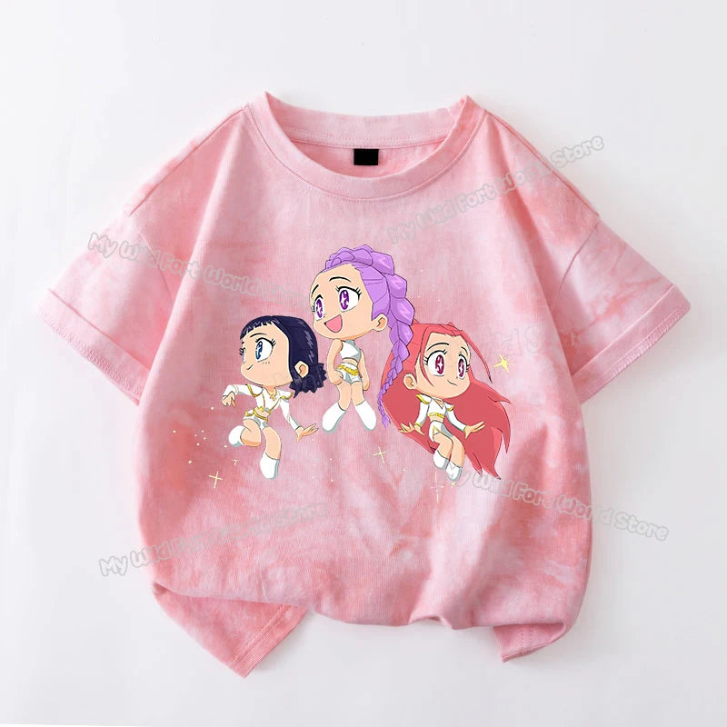 KPop Demon Hunters Tie-dye T-shirt for Girl Short Sleeve Tops Rumi Mira Zoey Print Tee Shirts Cute Summer Children's Clothing