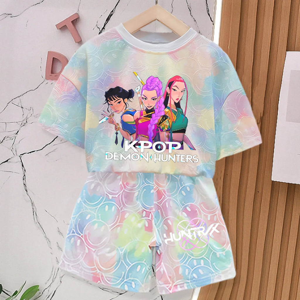 KPop Demon Hunters New T-shirt Pants Set Girls Summer Clothing Kawaii Smile Face Short Sleeve Outfits Kids Tee Top Pajamas Gift