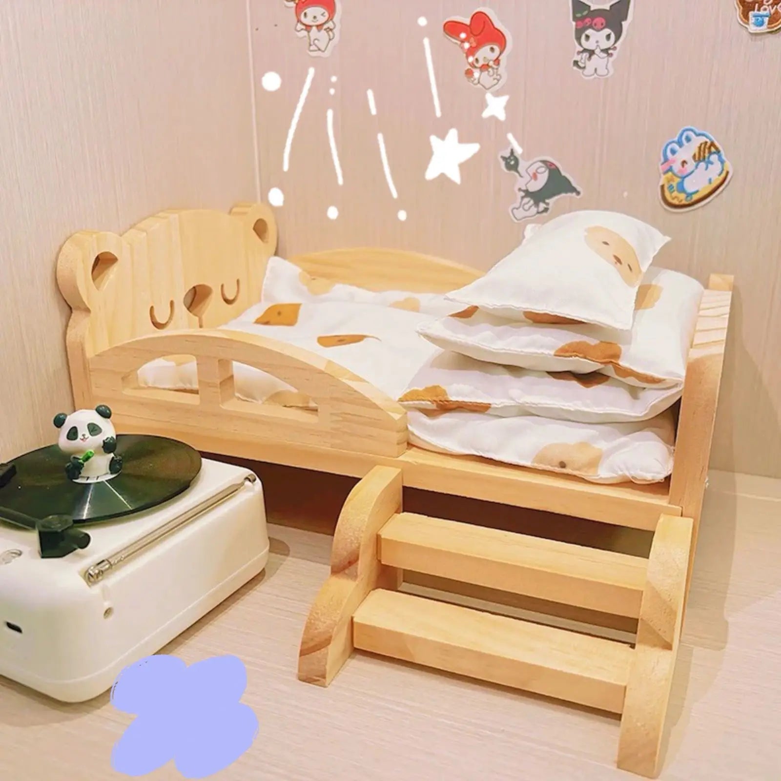 Mini Wood Bed for 20cm Dress Up Cotton Dolls Miniature Room Decor for BJD Dolls Labubu Accessories Dollhouses Toys for Kids Gift