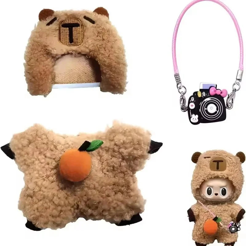 Doll Clothes For 17CM Labubu Capibara Set Jumpsuit Kawaii Headwear Camera 3PCS/Pack Plush Cotton Doll Dress Up Game Decoration