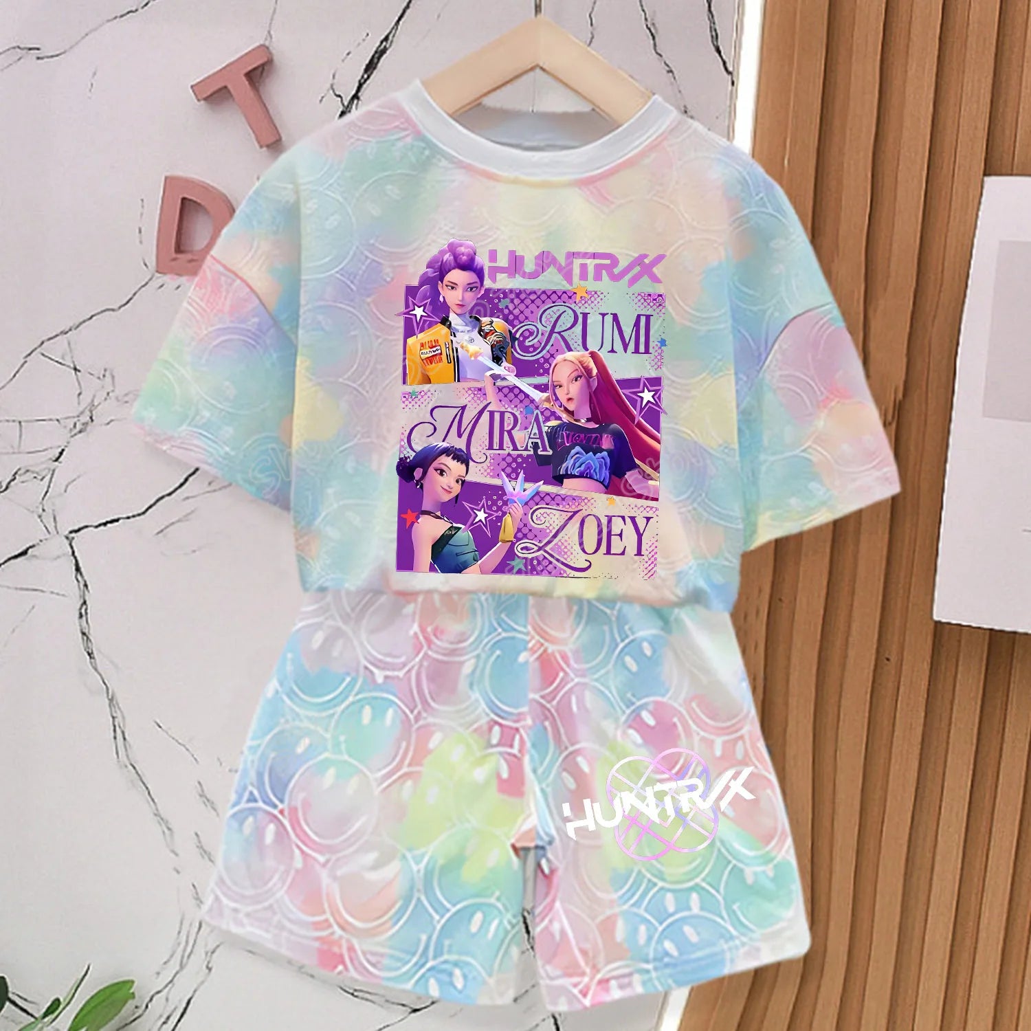 KPop Demon Hunters New T-shirt Pants Set Girls Summer Clothing Kawaii Smile Face Short Sleeve Outfits Kids Tee Top Pajamas Gift