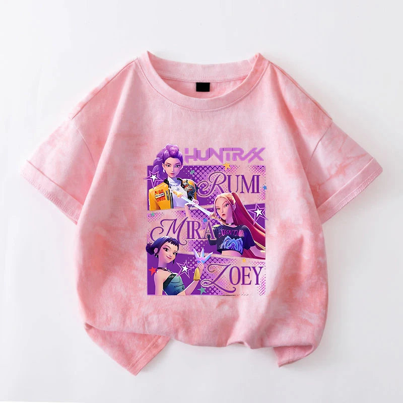 KPop Demon Hunters Tie-dye T-shirt for Girl Short Sleeve Tops Rumi Mira Zoey Print Tee Shirts Cute Summer Children's Clothing