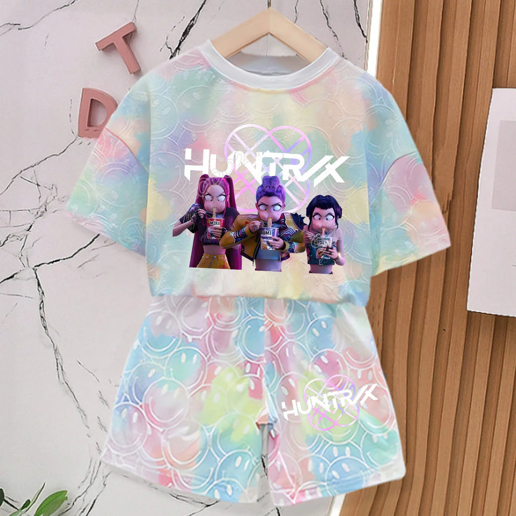KPop Demon Hunters New T-shirt Pants Set Girls Summer Clothing Kawaii Smile Face Short Sleeve Outfits Kids Tee Top Pajamas Gift
