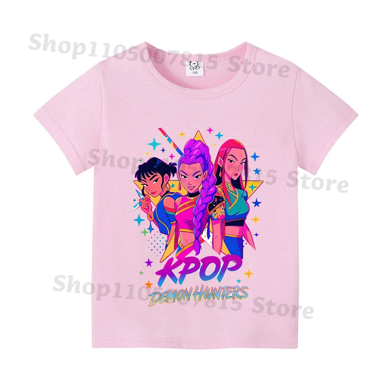 Kpop Demon Hunters T-shirts for Boys Girls Anime Cartoon Cute Short Sleeved Top Children Summer Fashion T-shirt Kids Clothes