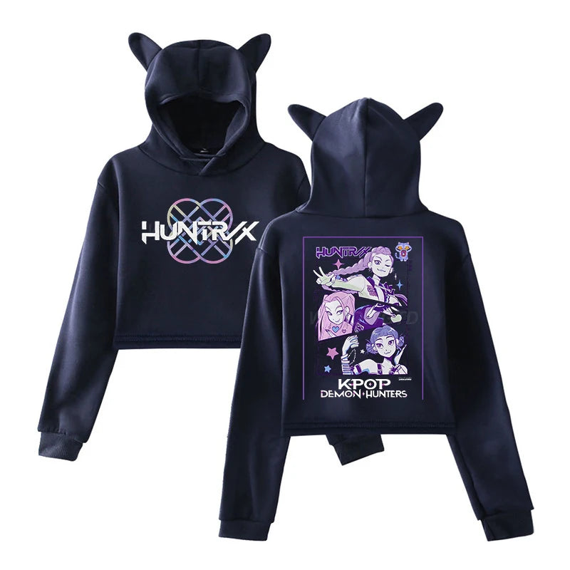 KPop Demon Hunters Cat Ears Long Sleeve Crop Tops Girls Fashion Hoodie Harajuku Streetwear Hoodie Women 2025 Girls Clothing