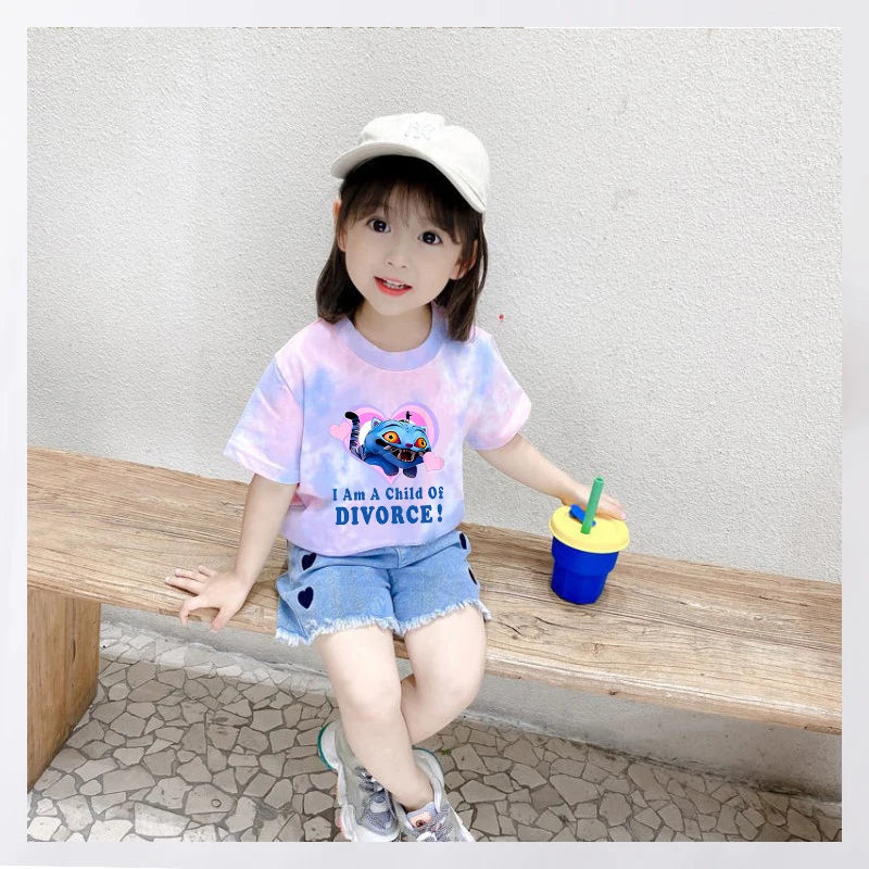 KPop Demon Hunters Tie-dye T-shirt for Girl Short Sleeve Tops Rumi Mira Zoey Print Tee Shirts Cute Summer Children's Clothing