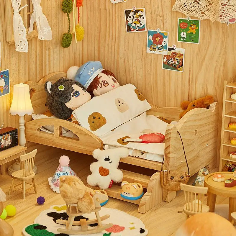 Mini Wood Bed for 20cm Dress Up Cotton Dolls Miniature Room Decor for BJD Dolls Labubu Accessories Dollhouses Toys for Kids Gift