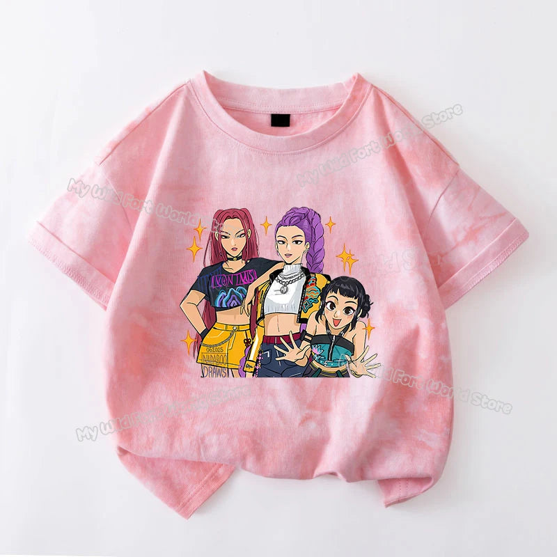 KPop Demon Hunters Tie-dye T-shirt for Girl Short Sleeve Tops Rumi Mira Zoey Print Tee Shirts Cute Summer Children's Clothing