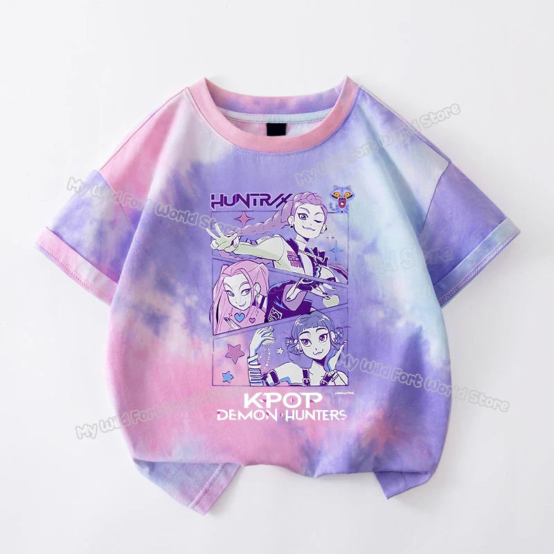 KPop Demon Hunters Tie-dye T-shirt for Girl Short Sleeve Tops Rumi Mira Zoey Print Tee Shirts Cute Summer Children's Clothing