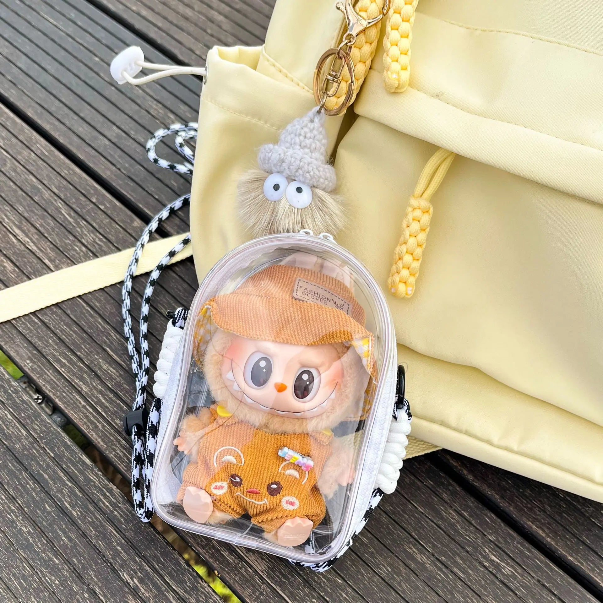 Doll Protect Case For Labubu Sitting Party 15cm Plush Cotton Doll Shoulder Pain Bag With Rope PVC Storage Bag Walk Bag Dustproof