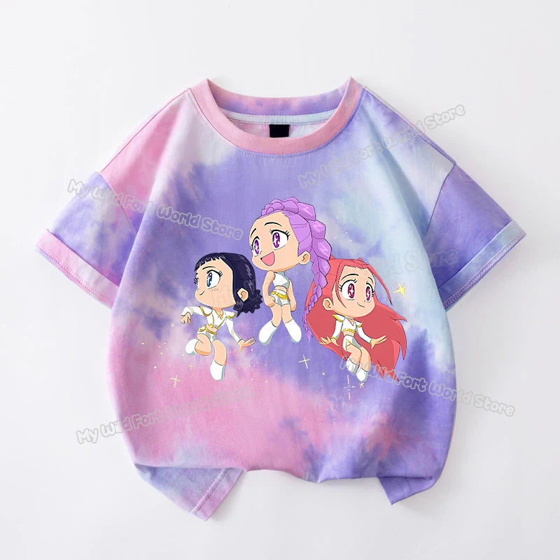KPop Demon Hunters Tie-dye T-shirt for Girl Short Sleeve Tops Rumi Mira Zoey Print Tee Shirts Cute Summer Children's Clothing