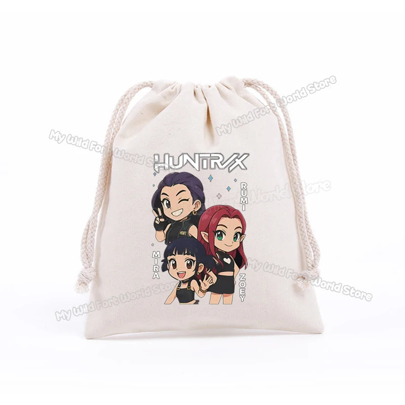 KPop Demon Hunters Storage Drawstring Bag Music Cartoon Party Cookies Candy Package Kids Gift Bags Print Cotton Key Pouch