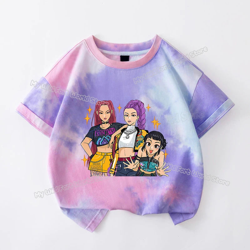 KPop Demon Hunters Tie-dye T-shirt for Girl Short Sleeve Tops Rumi Mira Zoey Print Tee Shirts Cute Summer Children's Clothing