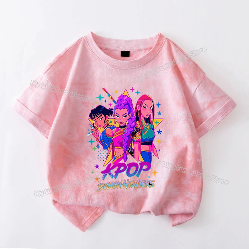 KPop Demon Hunters Tie-dye T-shirt for Girl Short Sleeve Tops Rumi Mira Zoey Print Tee Shirts Cute Summer Children's Clothing