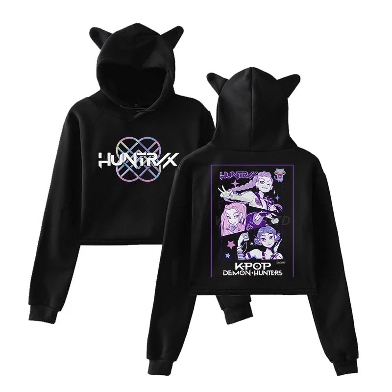 KPop Demon Hunters Cat Ears Long Sleeve Crop Tops Girls Fashion Hoodie Harajuku Streetwear Hoodie Women 2025 Girls Clothing