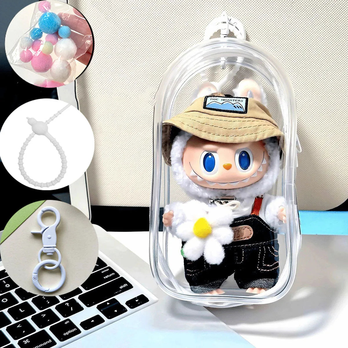For Labubu V2 Transparent Colorful Protector Case Doll Accessories Organizer Box Plush Doll Display Bag Outdoor with Keychain