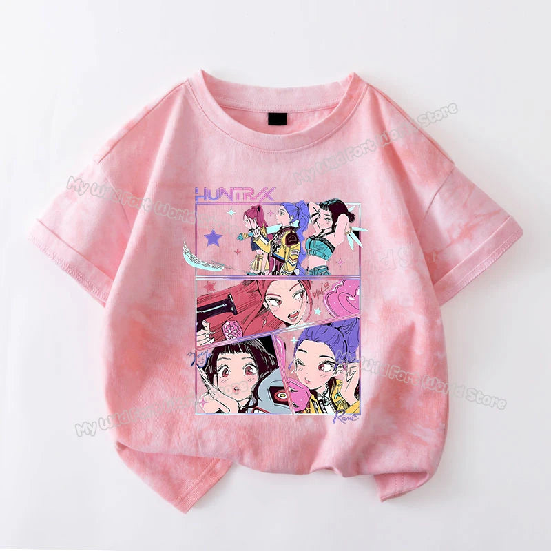 KPop Demon Hunters Tie-dye T-shirt for Girl Short Sleeve Tops Rumi Mira Zoey Print Tee Shirts Cute Summer Children's Clothing