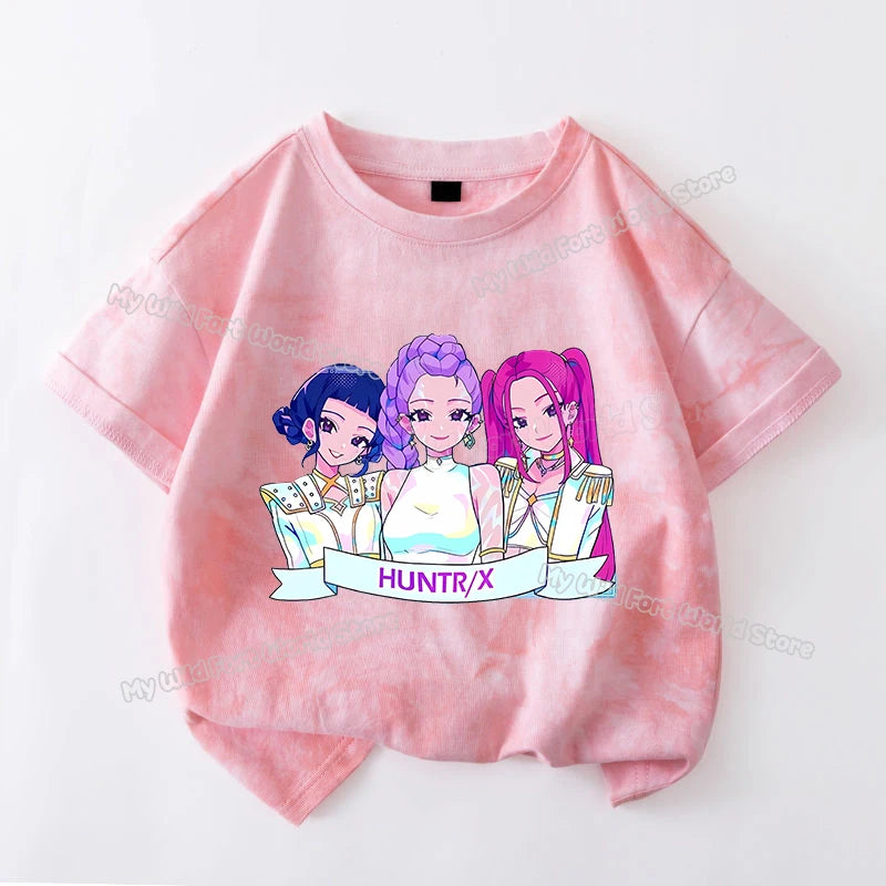 KPop Demon Hunters Tie-dye T-shirt for Girl Short Sleeve Tops Rumi Mira Zoey Print Tee Shirts Cute Summer Children's Clothing
