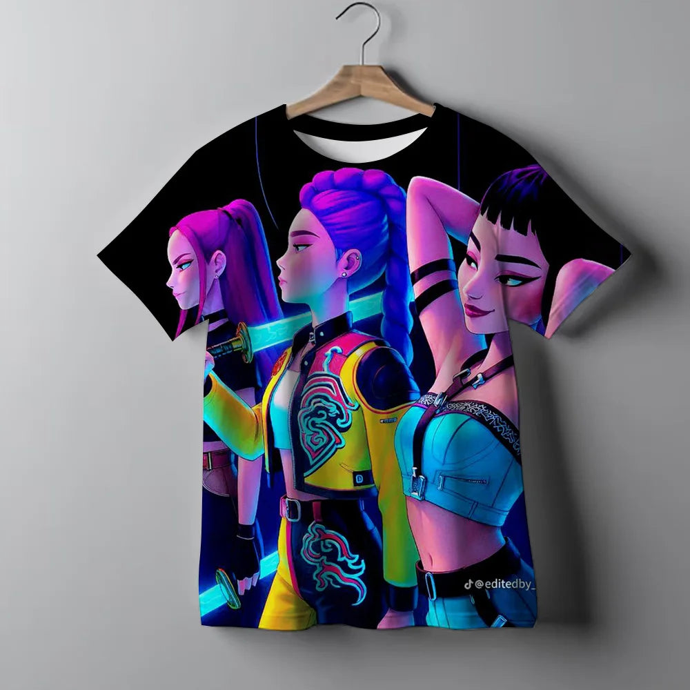 KPop Demon Hunters Tie-dye T-shirt for Girl Short Sleeve Tops Rumi Mira Zoey Print Tee Shirts Cute Summer Children's Clothing