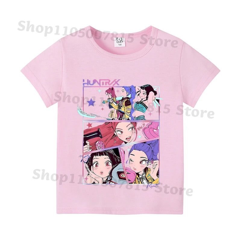 Kpop Demon Hunters T-shirts for Boys Girls Anime Cartoon Cute Short Sleeved Top Children Summer Fashion T-shirt Kids Clothes