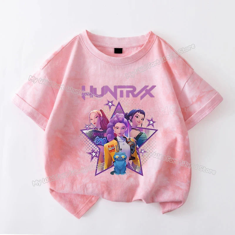 KPop Demon Hunters Tie-dye T-shirt for Girl Short Sleeve Tops Rumi Mira Zoey Print Tee Shirts Cute Summer Children's Clothing