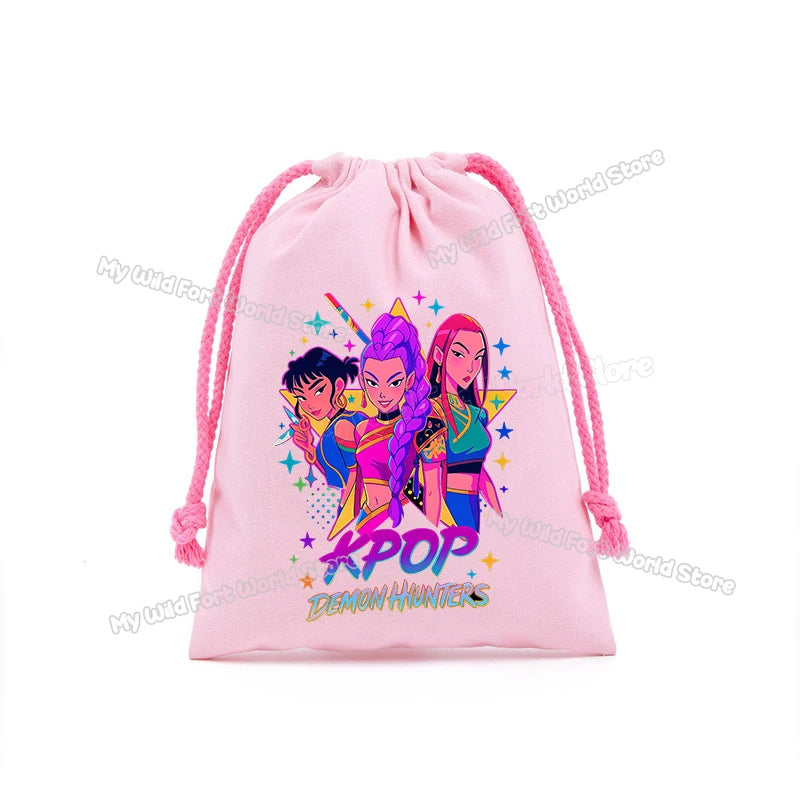 KPop Demon Hunters Storage Drawstring Bag Music Cartoon Party Cookies Candy Package Kids Gift Bags Print Cotton Key Pouch