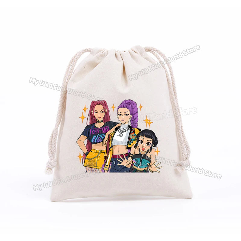 KPop Demon Hunters Storage Drawstring Bag Music Cartoon Party Cookies Candy Package Kids Gift Bags Print Cotton Key Pouch