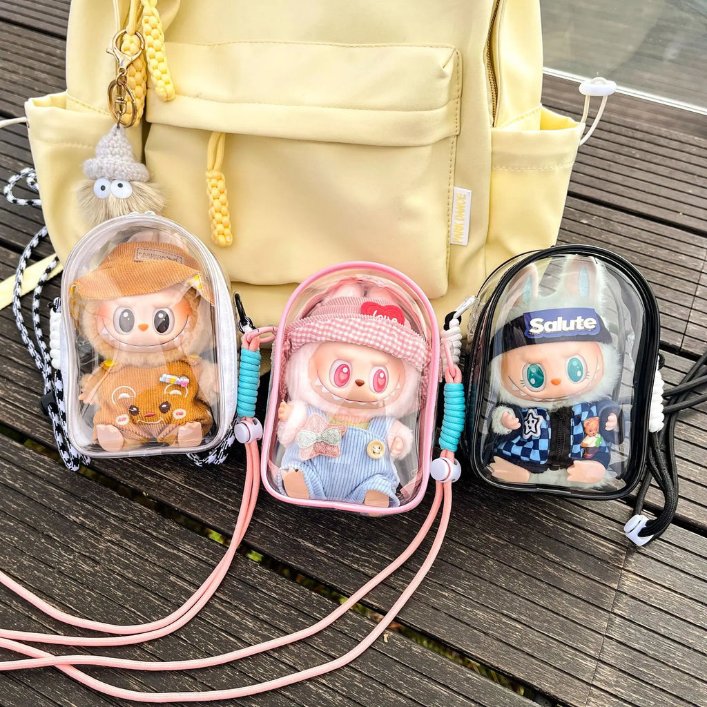 Doll Protect Case For Labubu Sitting Party 15cm Plush Cotton Doll Shoulder Pain Bag With Rope PVC Storage Bag Walk Bag Dustproof