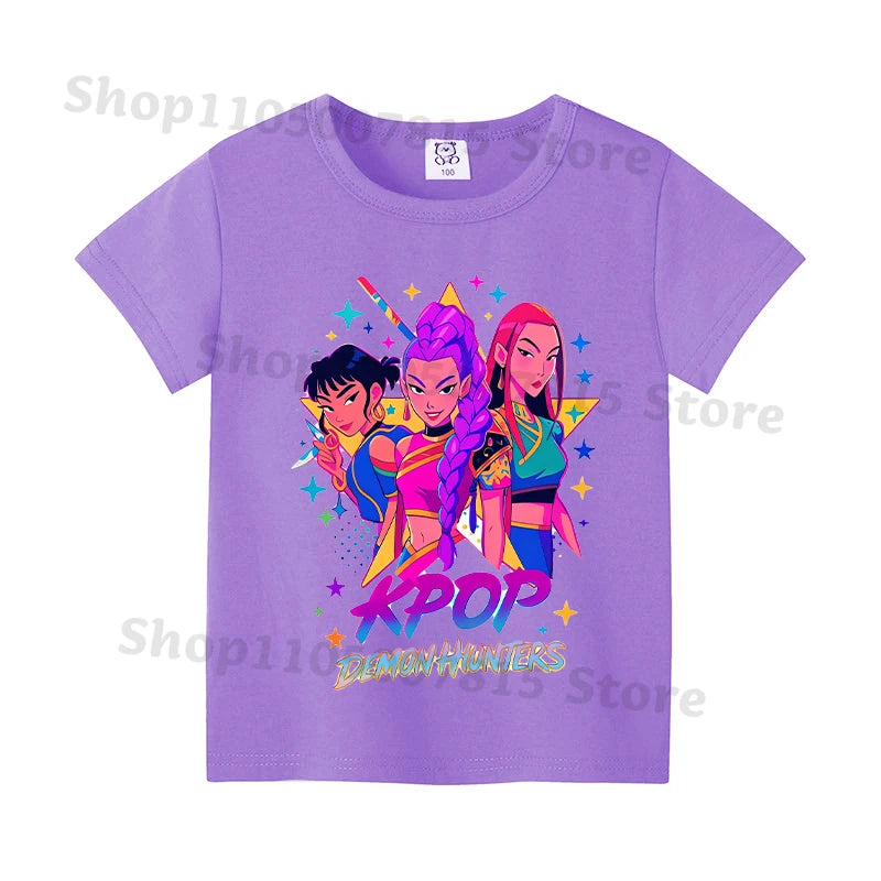 Kpop Demon Hunters T-shirts for Boys Girls Anime Cartoon Cute Short Sleeved Top Children Summer Fashion T-shirt Kids Clothes