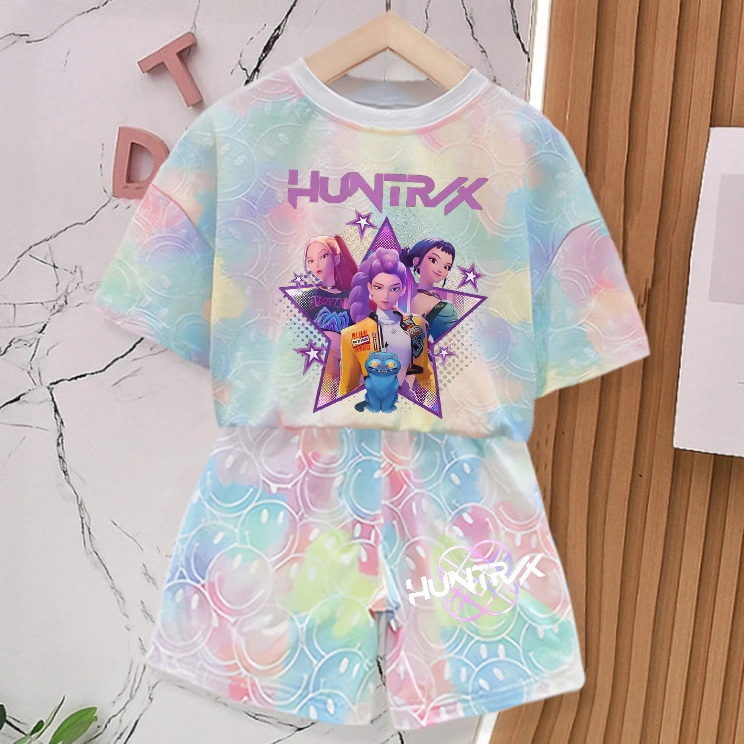 KPop Demon Hunters New T-shirt Pants Set Girls Summer Clothing Kawaii Smile Face Short Sleeve Outfits Kids Tee Top Pajamas Gift