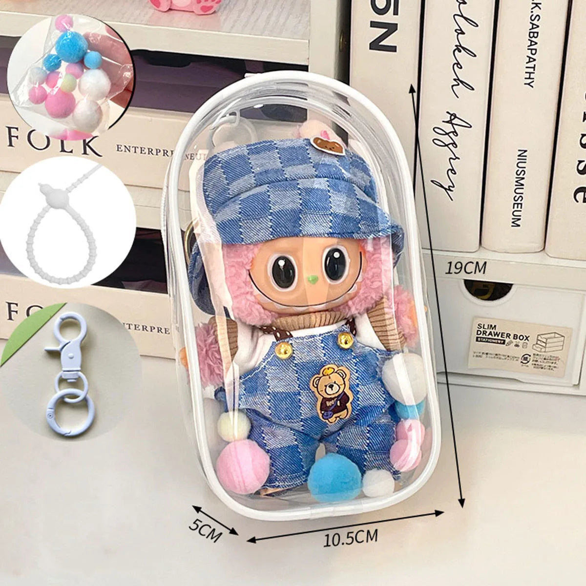 For Labubu V2 Transparent Colorful Protector Case Doll Accessories Organizer Box Plush Doll Display Bag Outdoor with Keychain