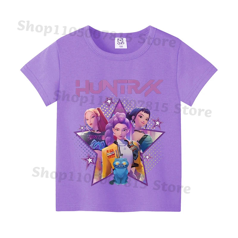 Kpop Demon Hunters T-shirts for Boys Girls Anime Cartoon Cute Short Sleeved Top Children Summer Fashion T-shirt Kids Clothes