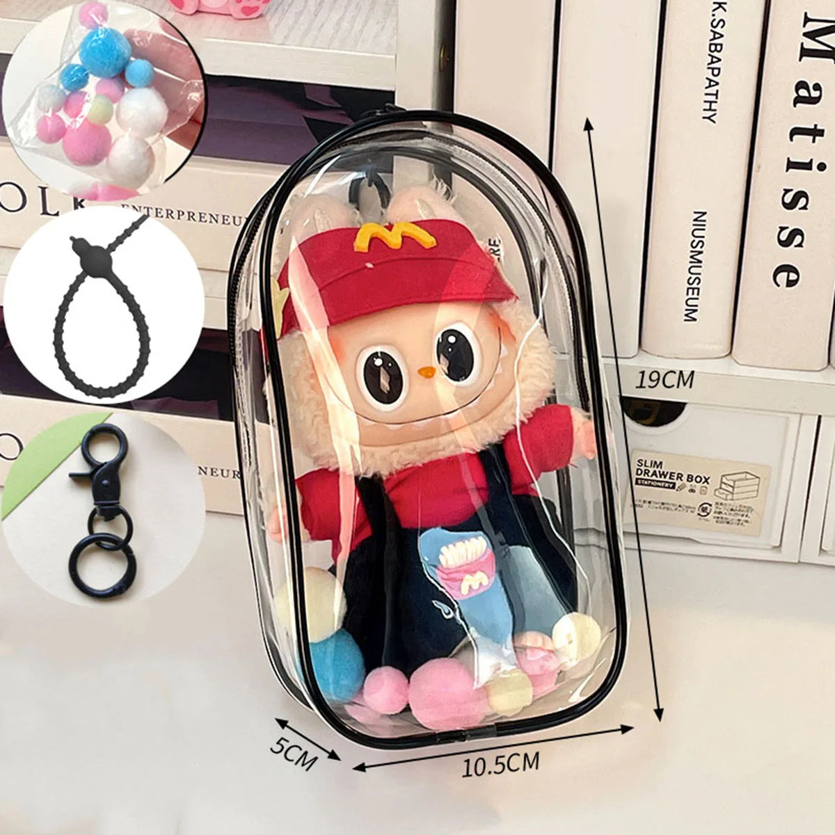For Labubu V2 Transparent Colorful Protector Case Doll Accessories Organizer Box Plush Doll Display Bag Outdoor with Keychain