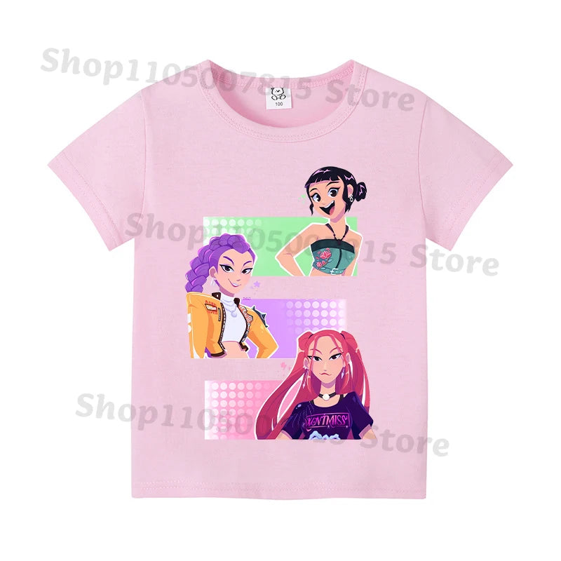 Kpop Demon Hunters T-shirts for Boys Girls Anime Cartoon Cute Short Sleeved Top Children Summer Fashion T-shirt Kids Clothes