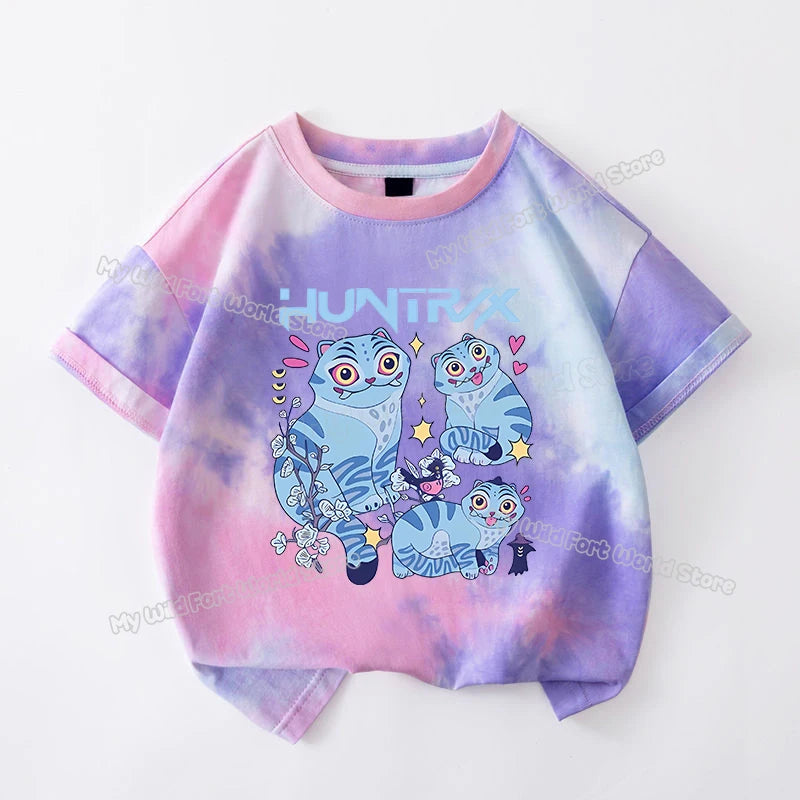 KPop Demon Hunters Tie-dye T-shirt for Girl Short Sleeve Tops Rumi Mira Zoey Print Tee Shirts Cute Summer Children's Clothing