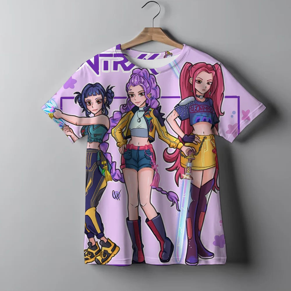 KPop Demon Hunters Tie-dye T-shirt for Girl Short Sleeve Tops Rumi Mira Zoey Print Tee Shirts Cute Summer Children's Clothing